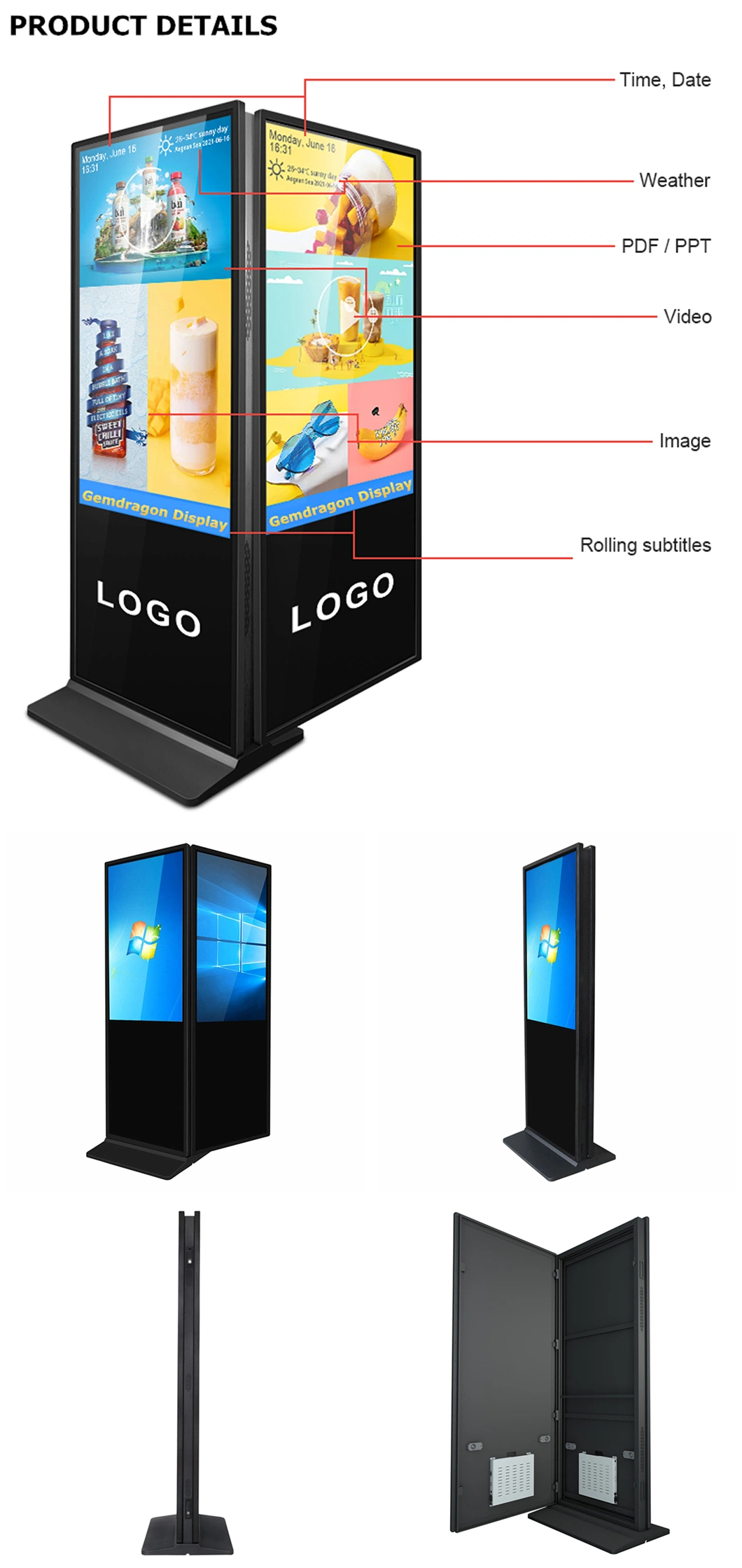 65 Inch Floor Standing Dual LCD Display Totem, Double Sided Digital Signage for Indoor