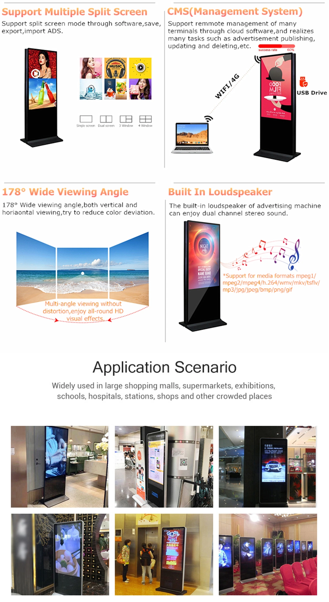 65 Inch Floor Standing Dual LCD Display Totem, Double Sided Digital Signage for Indoor