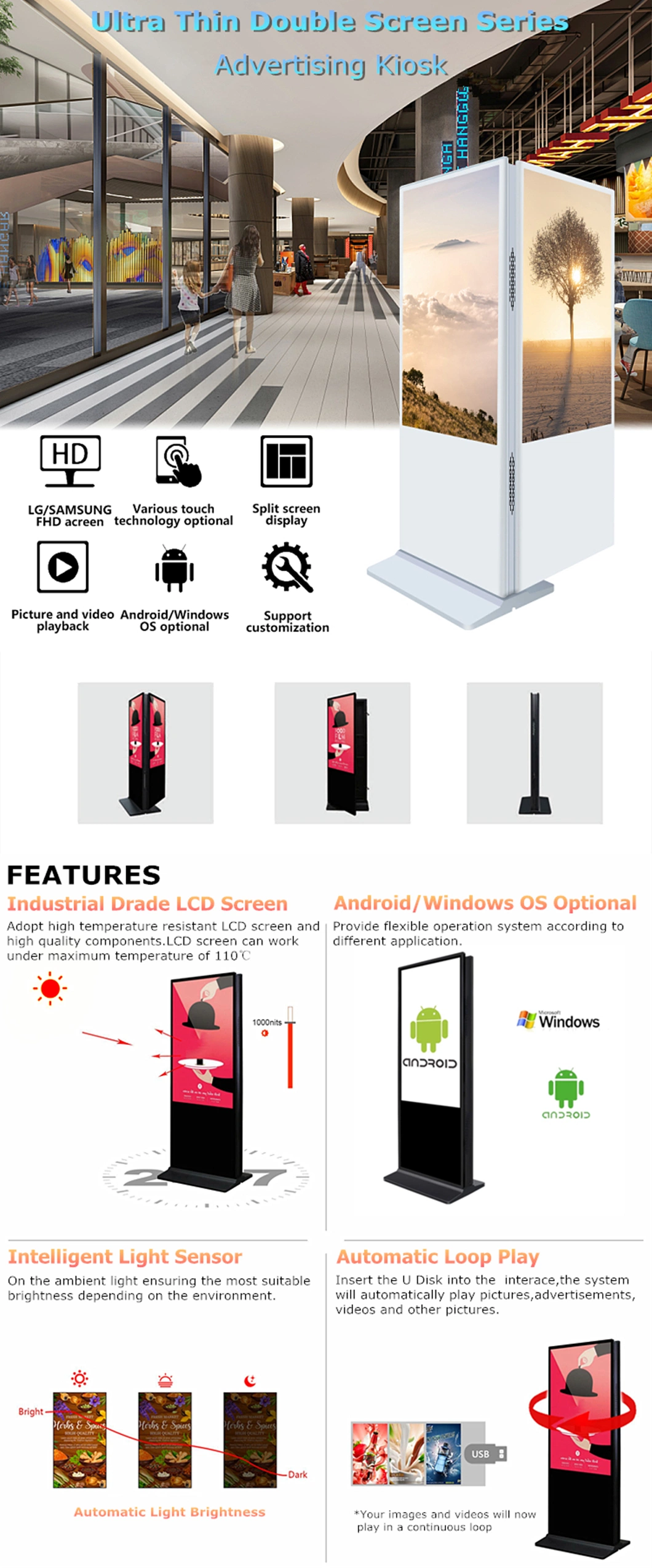 65 Inch Floor Standing Dual LCD Display Totem, Double Sided Digital Signage for Indoor